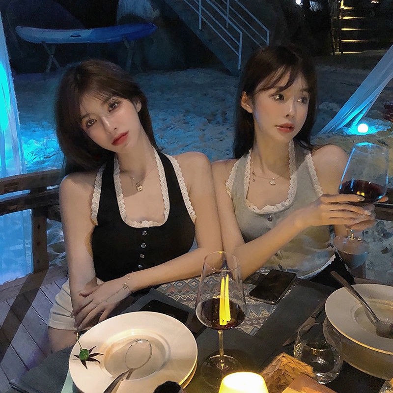 Áo Lót Dệt Kim Hai Dây Phối Ren Màu Đen Thời Trang Mùa Hè Cho Nữ | BigBuy360 - bigbuy360.vn