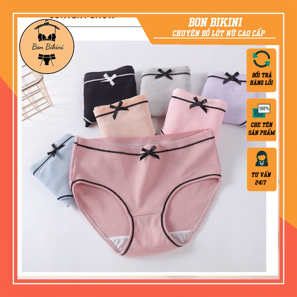 Quần Lót Nữ Cotton gân tăm viền đen điệu đà phối viền đen đính nơ xinh lưng vừa thời trang cho nữ