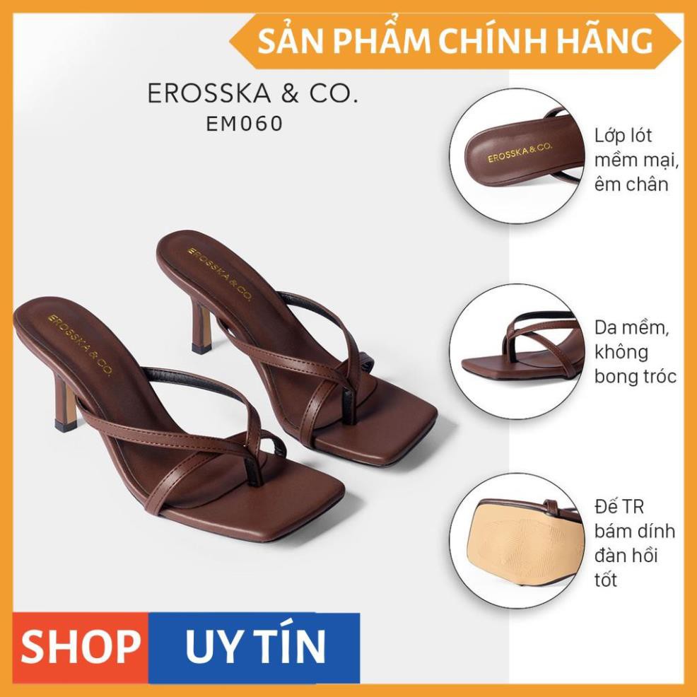 Dép cao gót thời trang Erosska mũi vuông kiểu dáng xỏ ngón phối dây quai mảnh  cao 7cm màu nâu đậm _ EM060