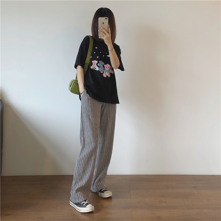 SUXI Quần Dài Lưng Cao Ống Rộng Họa Tiết Sọc Caro Phong Cách Vintage