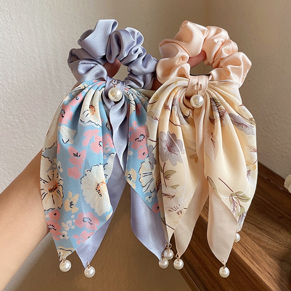 Dây Buộc Tóc Cao Su Bản Lớn In Họa Tiết Hoa Đính Ngọc Trai Sang Trọng Thời Trang Cho Nữ 2022