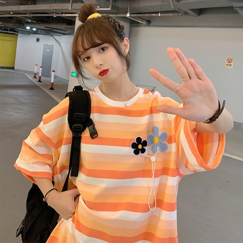 【Agirls】Áo thun Áo Thun Ngắn Tay Dáng Suông Rộng Kẻ Sọc Cầu Vồng 3 Màu Sắc Cầu Vồng Thời Trang Hàn Quốc Dành Cho Nữ