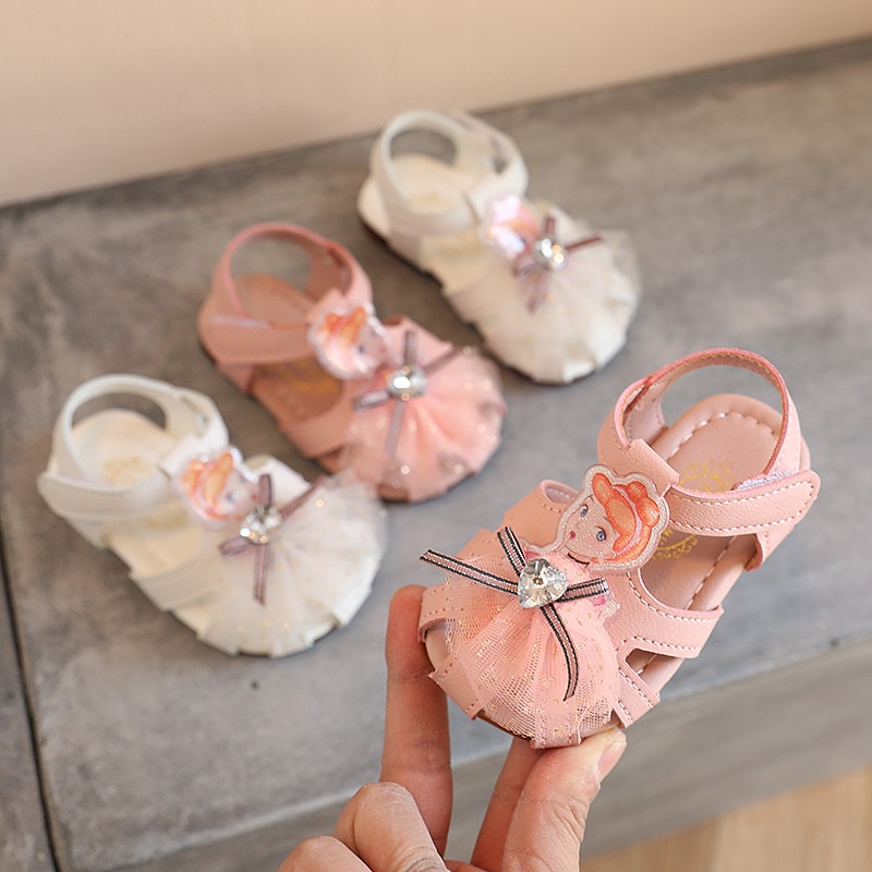 Giày tập đi cho bé gái thắt nơ đính ngọc Sandal công chúa chống vấp êm mềm cho bé gái [DTD15]