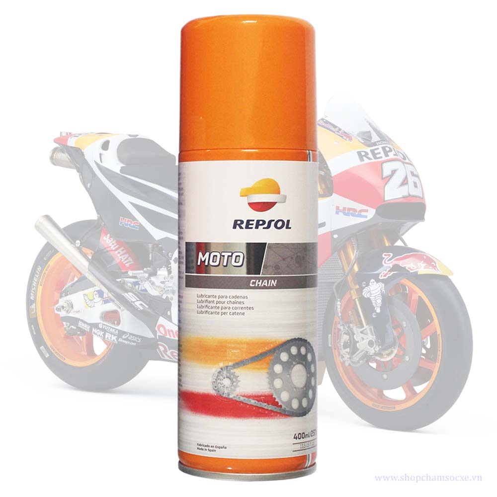 Dung dịch dưỡng xích, dưỡng sên, bôi trơn xích sên xe máy Repsol Chain Lube 400ml