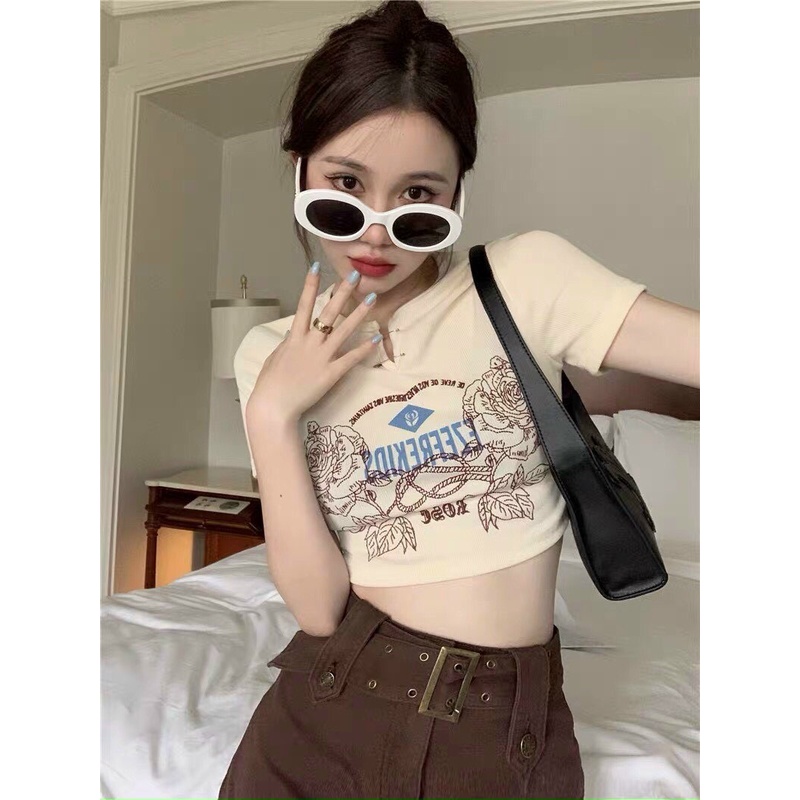 ÁO CROPTOP KIỂU LỬNG NỮ CỔ TRÒN XẺ KIM BĂNG NGẮN TAY IN HOA HỒNG MÀU TRẮNG CO GIÃN TÔN DÁNG SIÊU THỜI TRANG