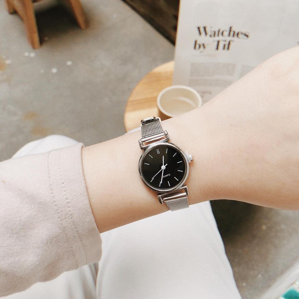 Đồng hồ nữ mặt nhỏ dây kim loại MONO bạc mặt đen đồng hồ nữ mặt tròn đẹp giá rẻ Watchesbytif size 22mm | BigBuy360 - bigbuy360.vn