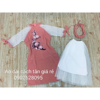 Áo dài cách tân kèm mấn màu hồng 3 món Áo + váy + mấn