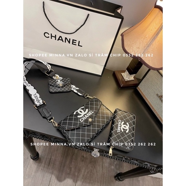 Túi Đeo Chéo Nữ Đẹp Sét 3 Món Dáng Bì Thư In Vạch Chéo Nổi