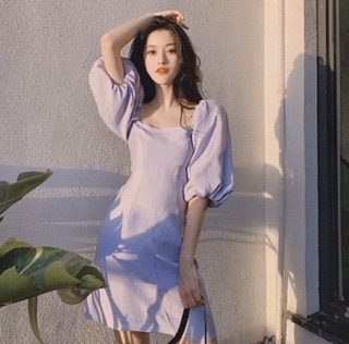ĐẦM TÍM CỔ VUÔNG TAY PHỒNG (KÈM HÌNH THẬT)