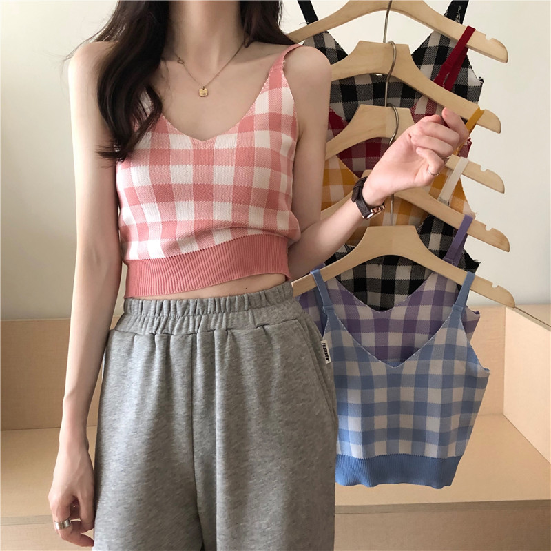 Áo lửng hai dây cổ tim họa tiết ca rô gợi cảm cho nữ