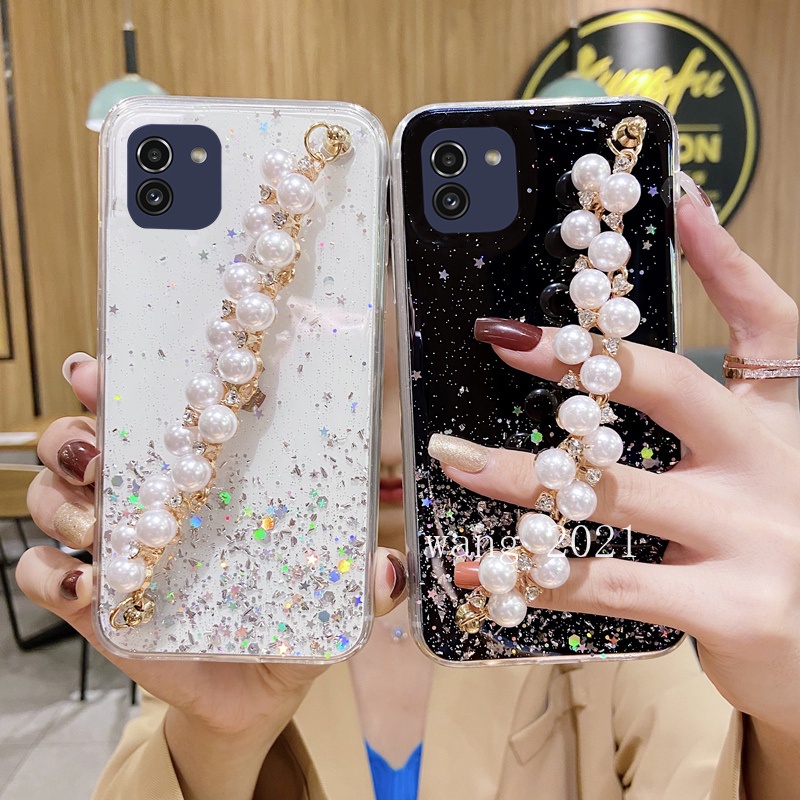 Ốp Điện Thoại Silicone Mỏng Đính Ngọc Trai Kèm Dây Đeo Tay Cho Samsung Galaxy A03 S22 S21 FE 5G + Ultra 5G