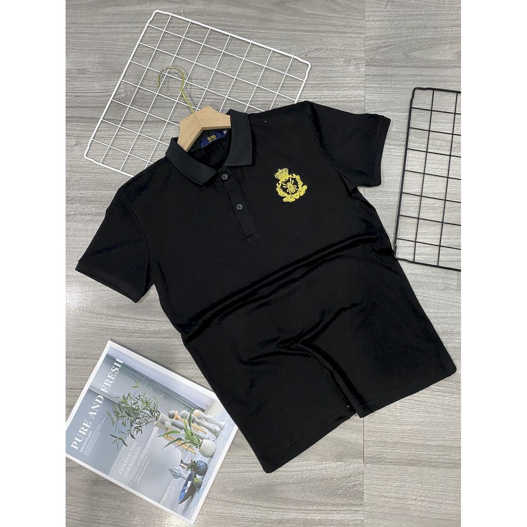 Áo thun nam polo ngắn tay cổ trụ đính đá kim sa vương miện GUCCI , Áo cotton 100% cao cấp