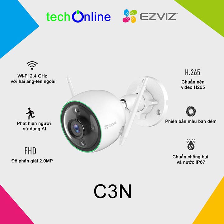 Camera Wifi EZVIZ Ngoài Trời C3N 2.0MP 1080P có màu ban đêm, tích hợp tính năng AI,phát hiện chuyển động -Bảo hành 24TH