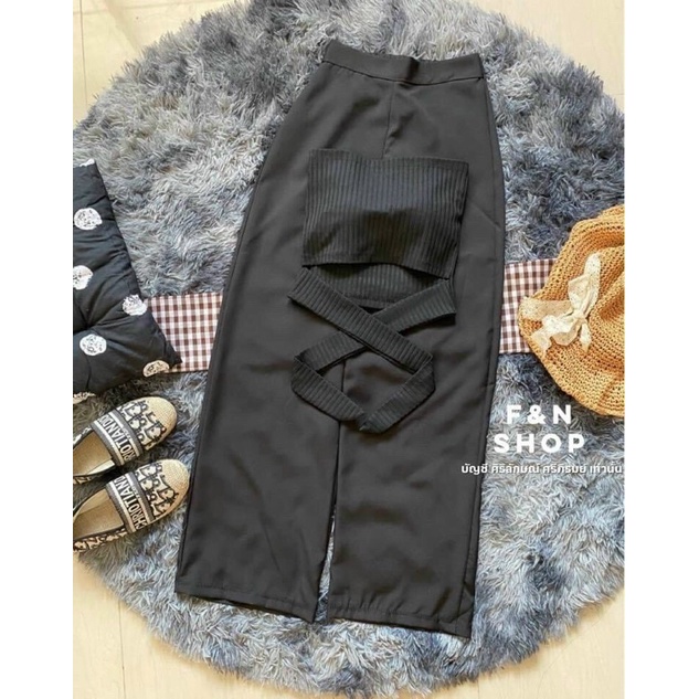 Set áo ống buộc nơ có mút ngực kèm quần ống rộng nút trước siêu hot- ann9399 | BigBuy360 - bigbuy360.vn