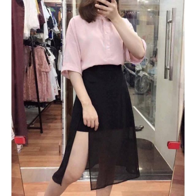 CHÂN VÁY MIDI NGẮN PHỐI VOAN XẺ TÀ E14-1