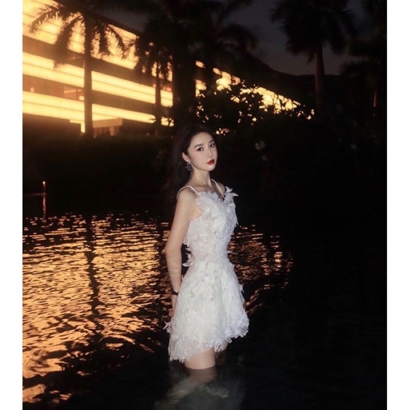 Đầm 2s ren hình bông tuyết trước ngực