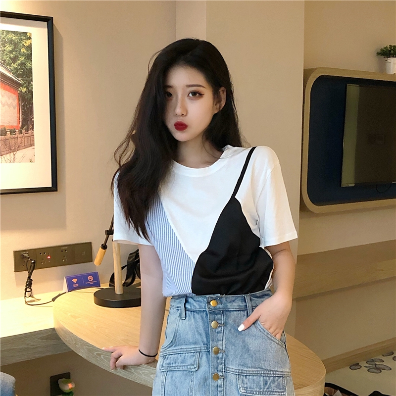 SUXI Áo thun kẻ sọc cổ tròn tay ngắn