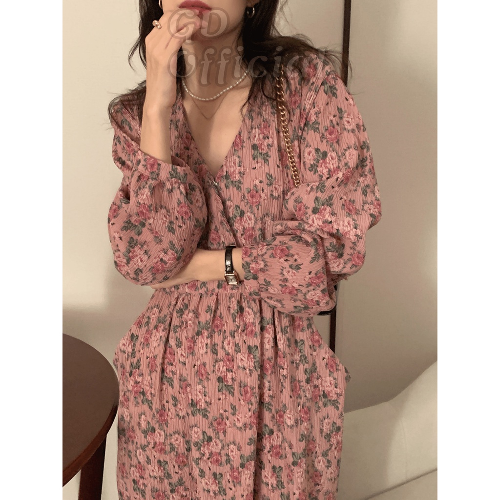 D18|Đầm dài hoa nhí vintage thanh lịch chất plissé cho nữ màu hồng GD Official