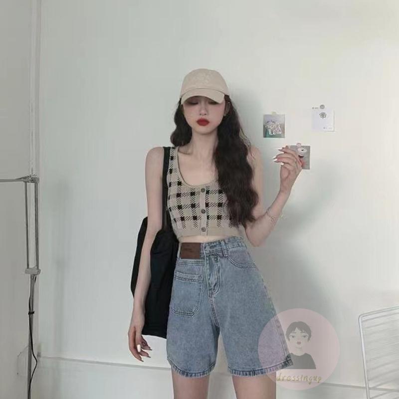 Áo Tank Top Không Tay Hở Lưng Dệt Kim Họa Tiết Sọc Caro Phong Cách Vintage Cho Nữ