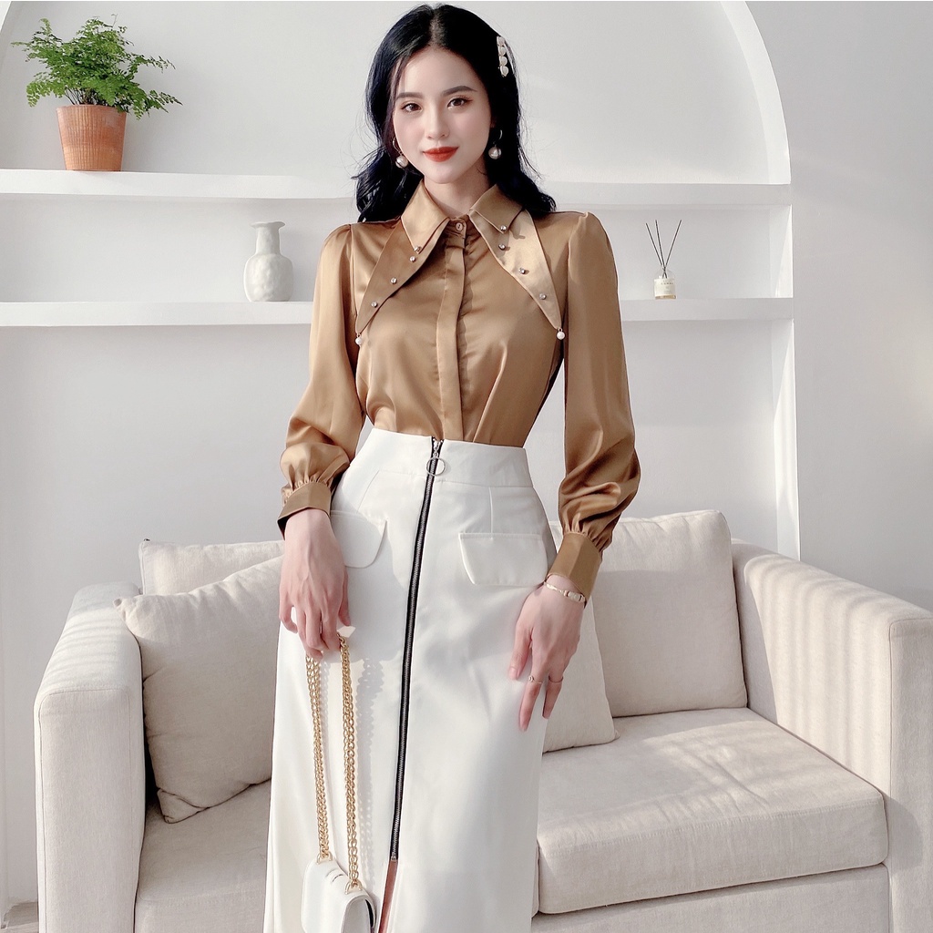 Áo sơ mi hai lớp cổ đính ngọc A1115 KYMEI