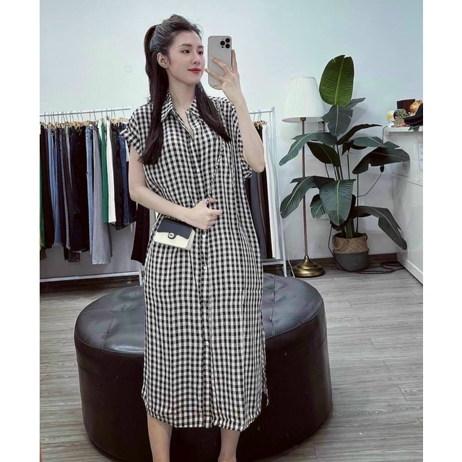 Váy sơ mi suông dáng rộng siêu xinh, Váy kẻ ô sơ mi suông tay ngắn, đầm bầu dáng suông