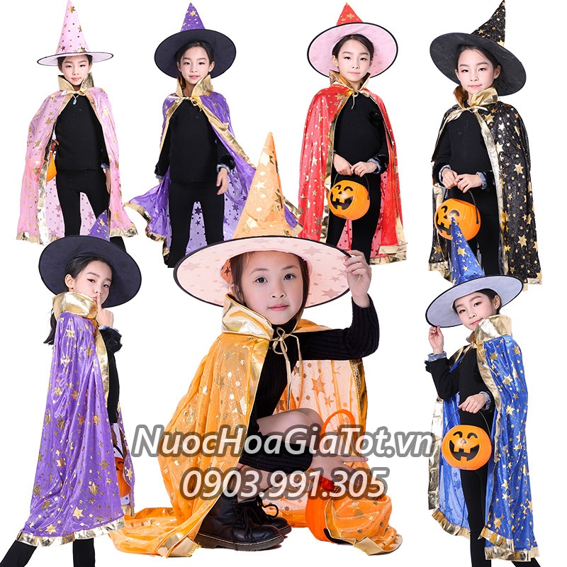 Set combo nón áo choàng hóa trang Halloween phù thủy trẻ em bé trai gái dày dặn áo choàng mũ nón gậy phép chổi đèn