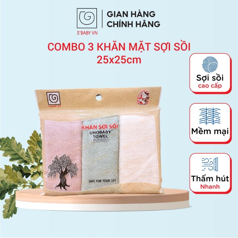 Set 3 Chiếc Khăn Mặt Trẻ Em Sợi Sồi S'BABY 25x25cm Khả Năng Kháng Khuẩn Cao, An Toàn Cho Bé