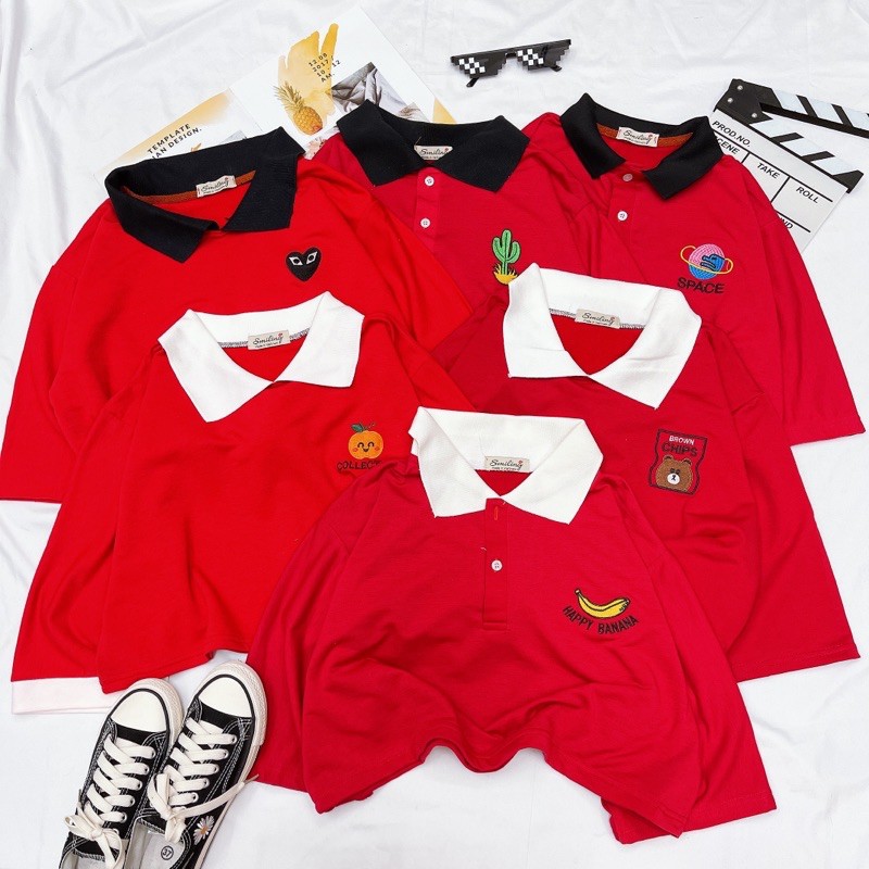 ÁO CROPTOP POLO OVERSIZED HÌNH THÊU - ĐỎ / HỒNG