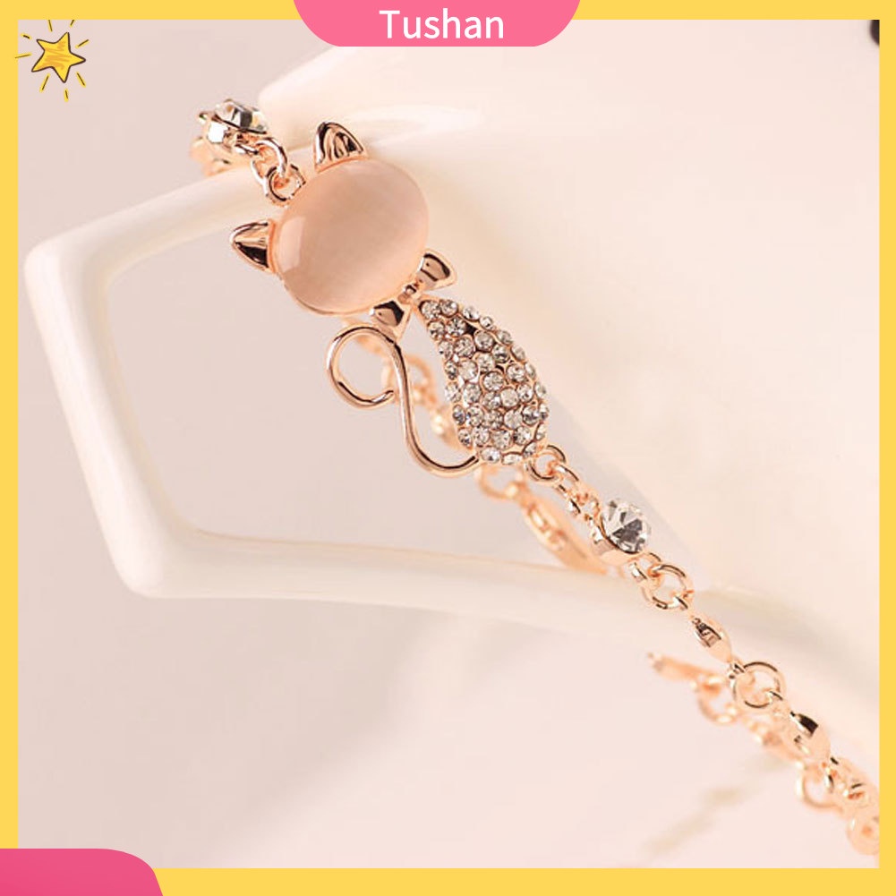 TUSH_Fashion Cat Shape Faux Opal Rhinestone Inlaid Charm Lady Bangle Bracelet Jewelry