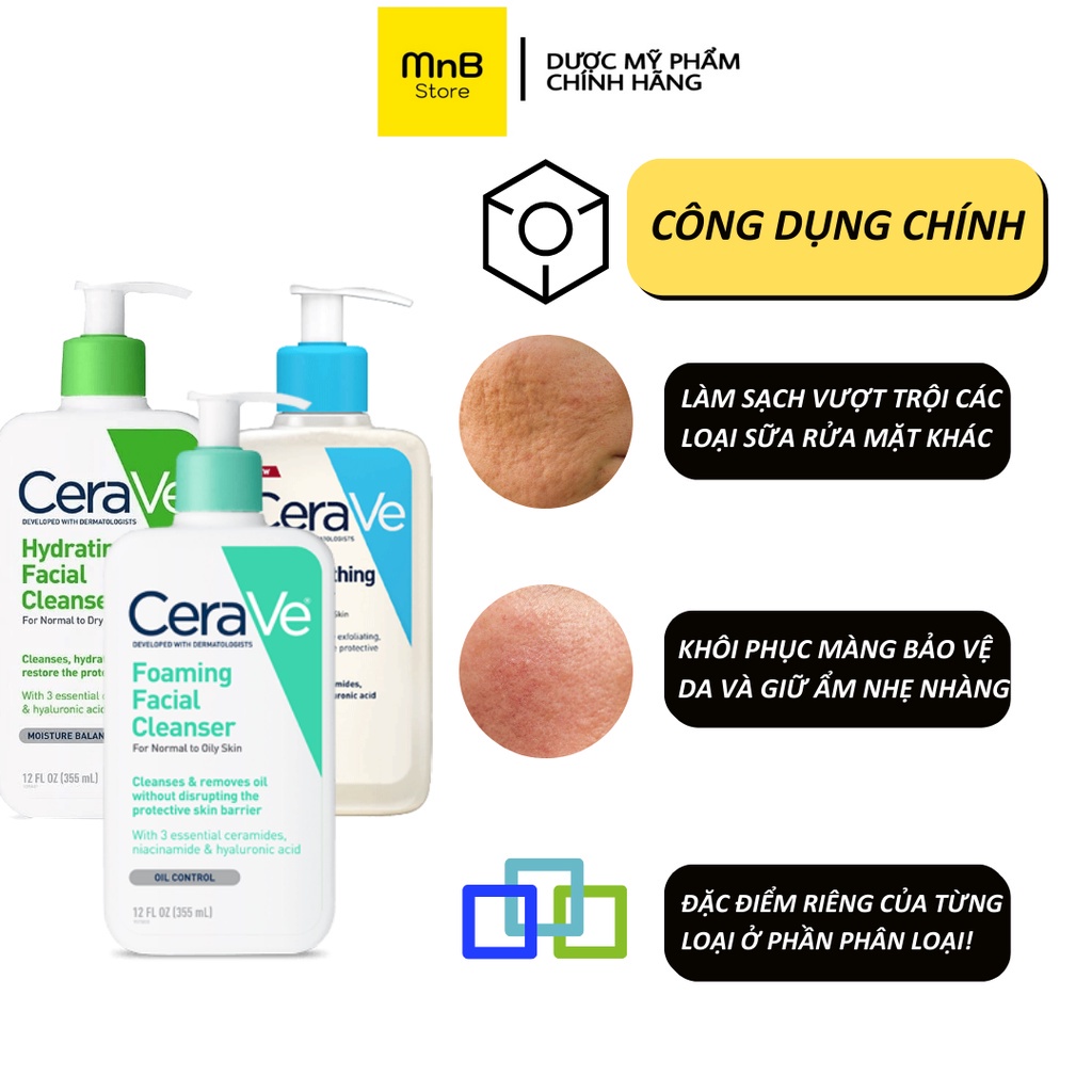 Sữa rửa mặt Cerave Foaming Facial Cleanser cho da dầu mụn da khô nhạy cảm 473ml 236ml 88ml