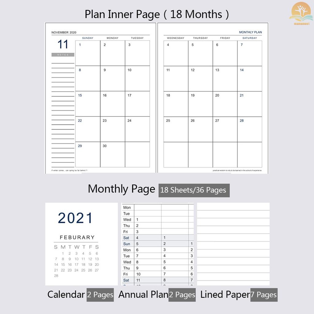 Sổ ghi chú lên lịch dạy học/kinh doanh thiết kế 24 trang lên kế hoạch cho 18 tháng