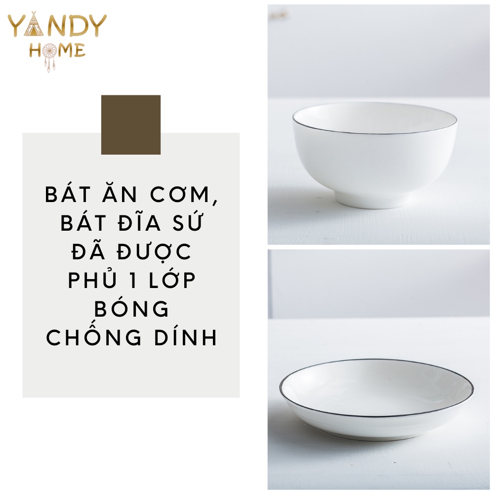 Bát đĩa gốm sứ YANDY HOME BB07 men trắng bóng viền đen trang sọng