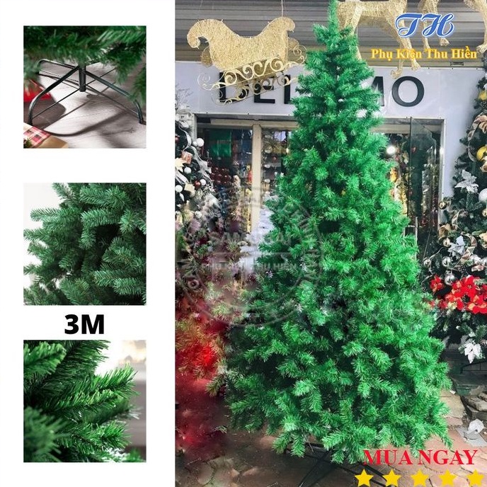 Cây thông noel 3m chân sắt tặng 1 ngôi sao đỉnh và 8 dây kim tuyến trang trí giáng sinh cho phòng khách, ngoài trời