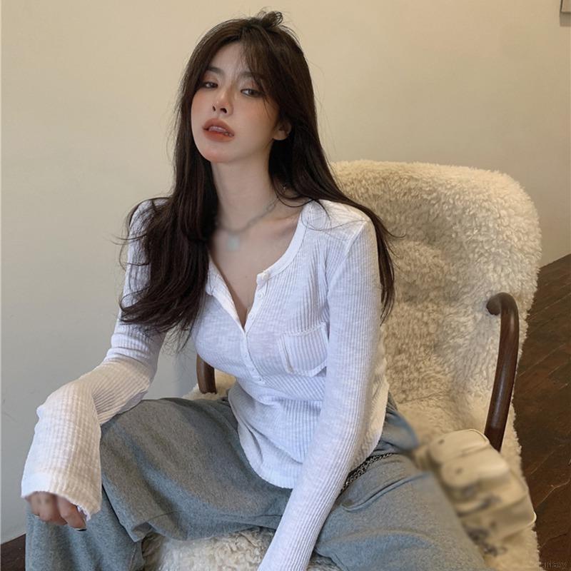 Áo Thun Tay Dài Cổ Chữ V Phong Cách Hàn Quốc Đơn Giản Cho Nữ