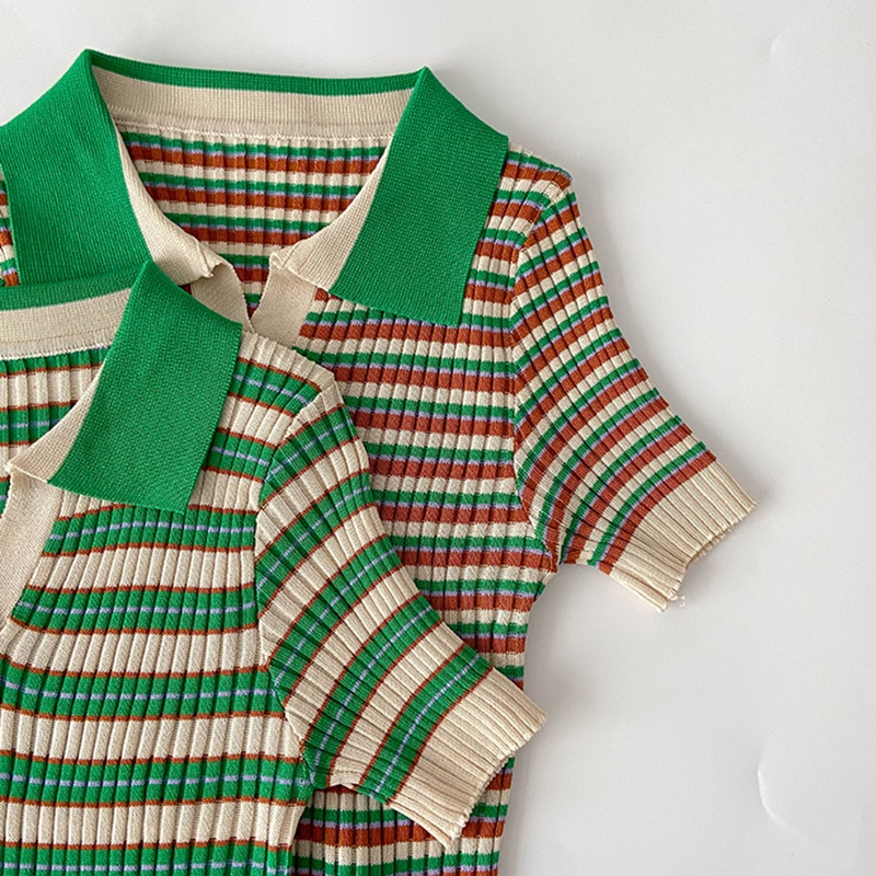 Áo Croptop Len Mongtoghi Kẻ Cổ Bẻ Cộc Tay Co Giãn Thời Trang Sugal TOP NU 049