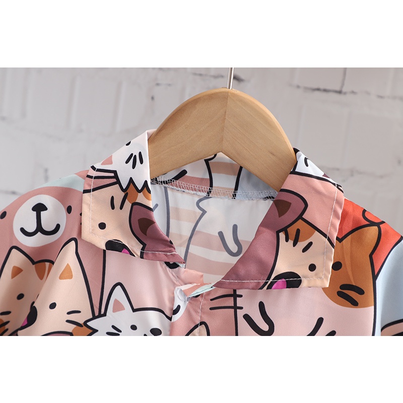 Set Áo Thun Tay Ngắn In Hình Mèo Hoạt Hình + Quần Short Cotton Thời Trang Mùa Hè Cho Bé Size 80-120cm