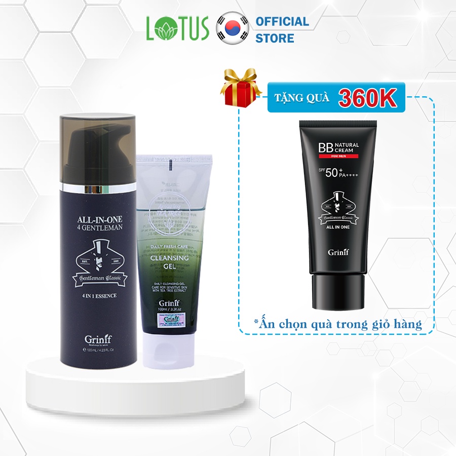 Bộ sản phẩm Kem dưỡng trắng Nam giới Grinif All In One 4 Gentleman 120ml và Gel rửa mặt Grinif TeaTree 100ml