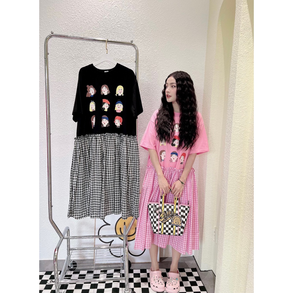 Đầm Suông Đuôi Cá Phối Caro, Họa Tiết Dễ Thương - HN215