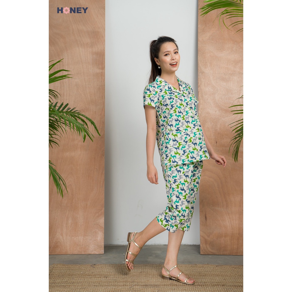 Bộ đồ ngủ pajama cộc tay mặc nhà, chất liệu thô hàn, quần rút chun - Thời trang bà bầu cao cấp Honey