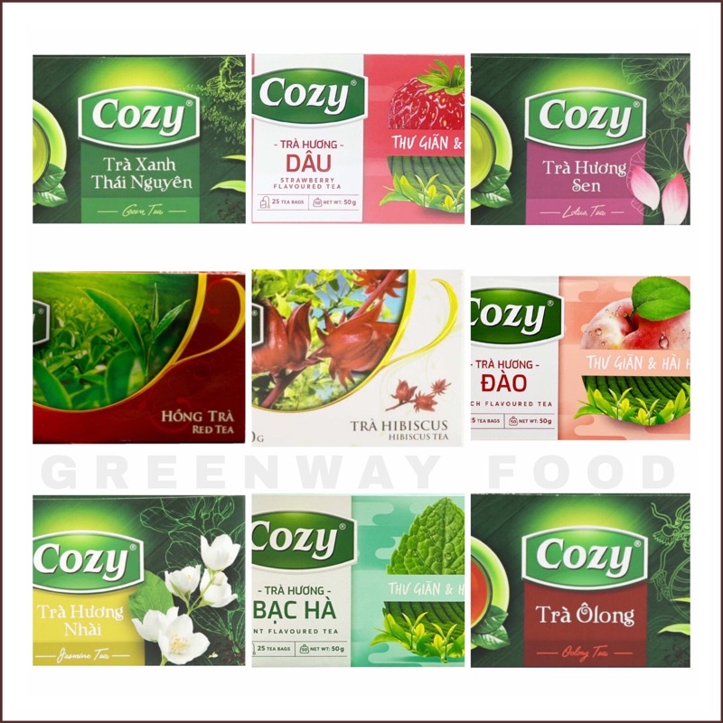 Trà Cozy túi lọc các vị Đào, Dâu, Táo, Bạc Hà, Xoài, Vải, Hồng Trà, Trà Xanh, Trà Nhài, Ô Long, Hoa cúc