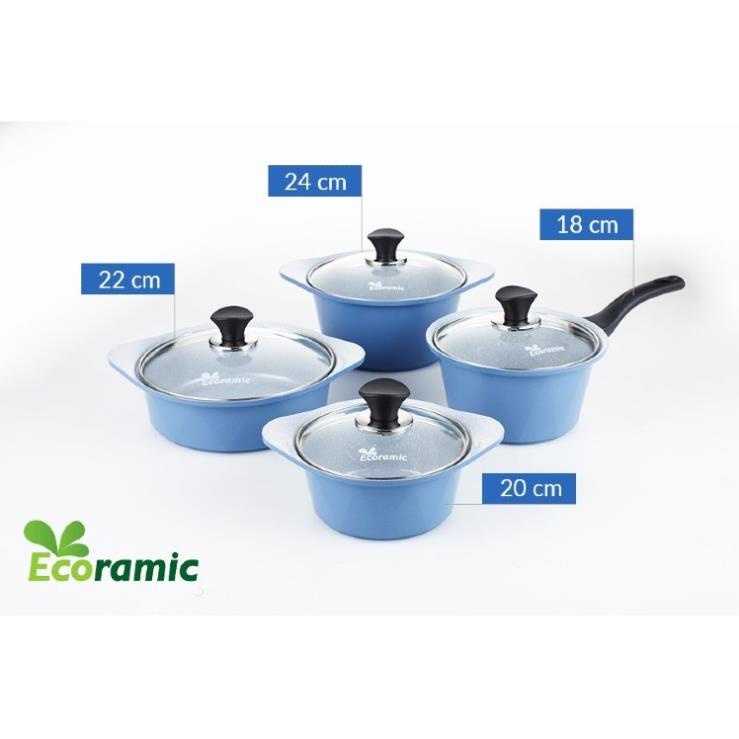 BỘ 4 NỒI VÂN ĐÁ ĐÁY TỪ ECORAMIC (3 NỒI, 1 QUÁNH, màu xanh)