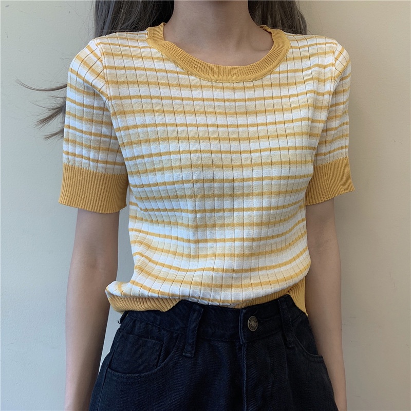 Áo thun dệt kim croptop nữ kiểu kẻ ngang cổ tròn tay ngắn phối màu trẻ trung năng động