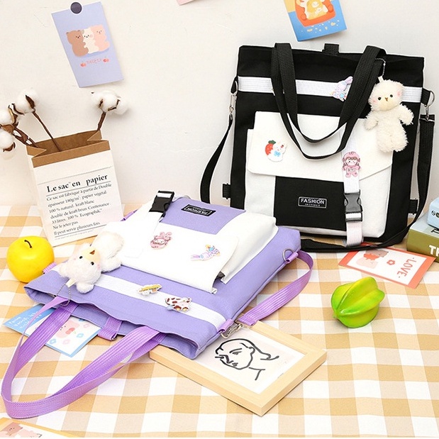 Túi tote đeo 3 kiểu đi học, túi đựng sách vở học sinh, sinh viên phong cách Hàn quốc dễ thương