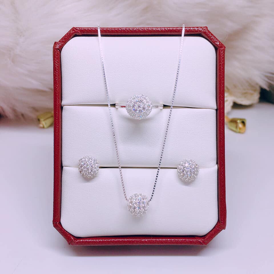 Bộ trang sức nữ bạc thật mặt cầu tròn đính đá tuyệt đẹp LINH MIU SILVER