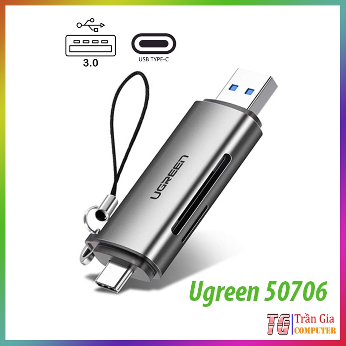 Đầu đọc thẻ nhớ SD/TF chuẩn USB Type C và USB 3.0 Ugreen 50706 chính hãng