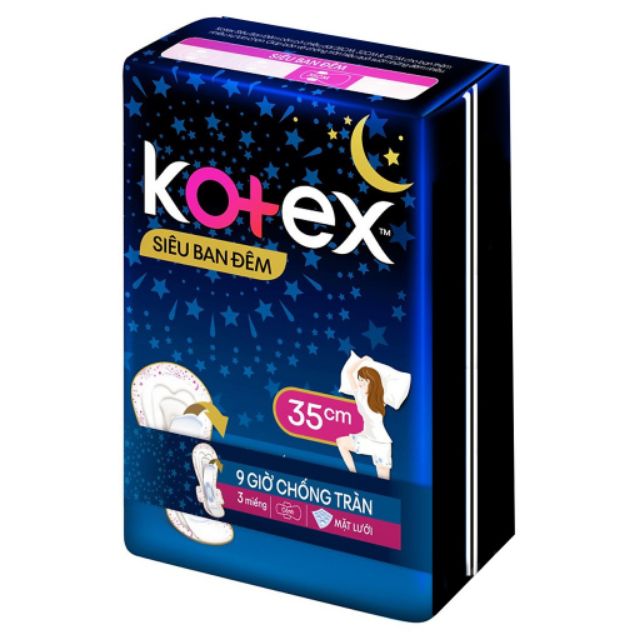 Gói 3 miếng Băng vệ sinh Kotex siêu ban đêm siêu mỏng cánh 35 cm