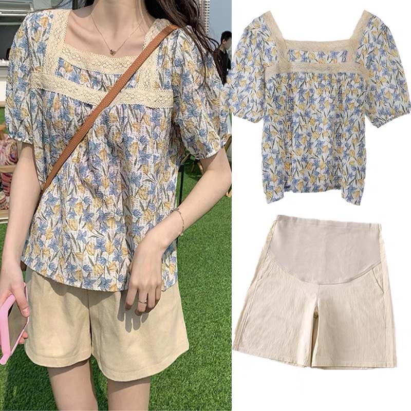 MS258 Áo babydoll hoa nhí cổ vuông phối ren siêu xinh