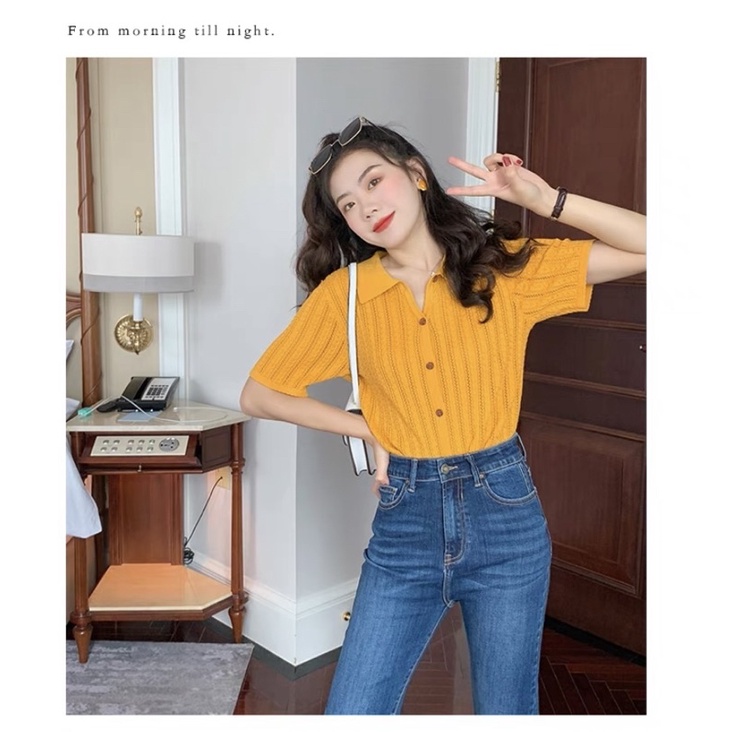 Áo len nữ dệt kim ngắn tay cổ polo cổ điển Doris phong cách Hàn Quốc màu vàng, xanh dương | BigBuy360 - bigbuy360.vn