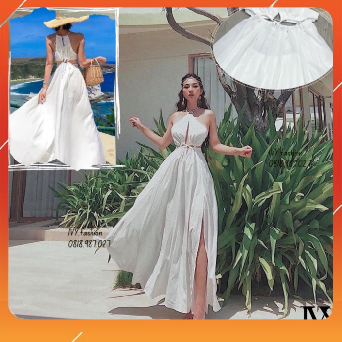Đầm váy Maxi 🔥voan lót lụa🔥 xẻ tà khoét ngực cổ yếm cột dây trắng đi biển dự tiệc dạo phố bigsize gợi cảm sexy đẹp