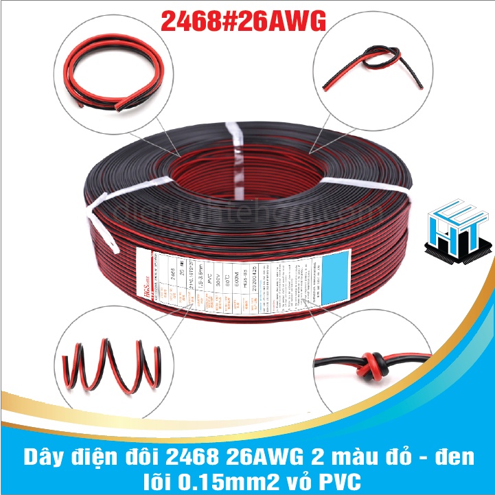 1 MÉT Dây điện đôi 2468 đỏ - đen 26AWG lõi 0.15mm2 vỏ PVC